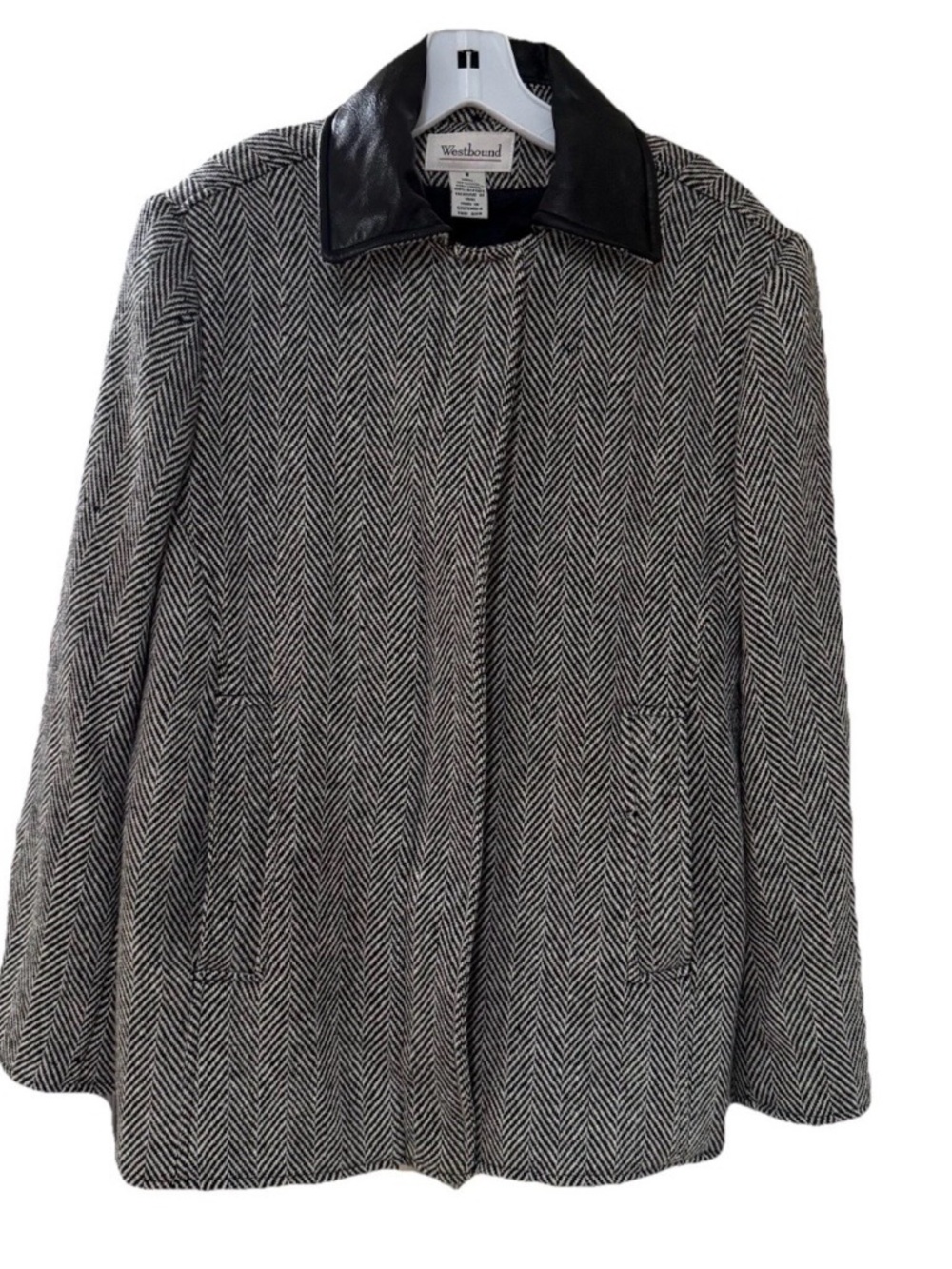Westbound Black & White Herringbone Pea Coat with Leather Collar